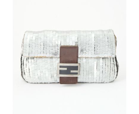 Silver-tone sequins, front flap with brown leather and 'FF' logo closure, signed Fendi. 10 x 5 inches Moderate wear. Some dis