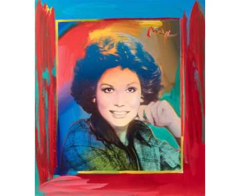 American, b. 1937Portrait of Mary Tyler Moore, 2003 Signed Max (ul); stamped Peter Max 2003 on the reverse Acrylic and silksc