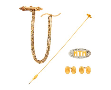 Including one hat pin, one pair of cufflinks with personal monogram, one swag brooch and gilt-metal 'MTM' brooch, ap. 19.7 dw