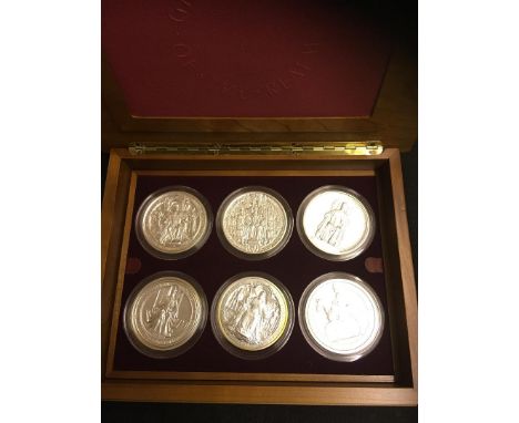 COINS : Great Seals of the Realm collection in wooden display box, six large silver medallions depicting Royal Seals, each it