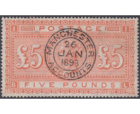 STAMPS GREAT BRITAIN : 1882 £5 Orange lettered BL with central Manchester double ring CDS dated 26th Jan 1893, good looker, m