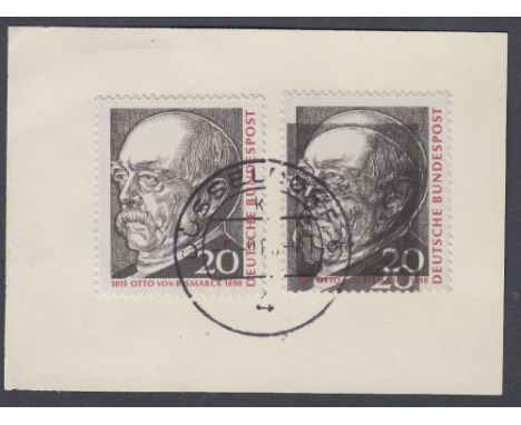 STAMPS GERMANY 1965 Otto von Bismarck issue. Two examples used on piece with one showing a dramatic double print of portrait 