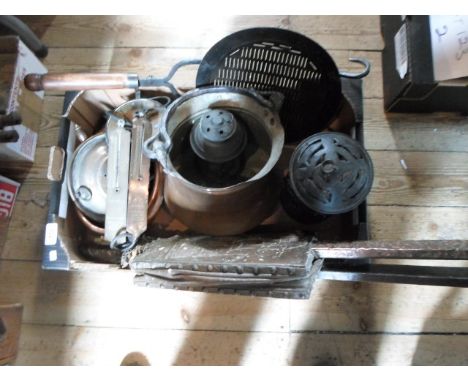 A mixed quantity of metalware, to include: a copper pan, bellows, weighing scales and other items.