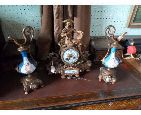 A 19th century French gilt metal and porcelain clock garniture, the painted enamel dial bearing Roman numerals, the clock hav