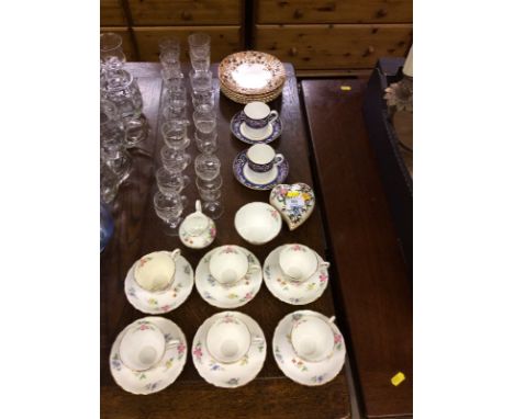 A set of six each Tuscan china coffee cups and saucers, and matching sugar bowl and cream jug; various sherry glasses; side p