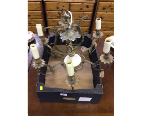 A brass six branch light fitting mounted with a cherub 