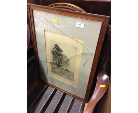 A pencil signed black and white etching depicting trees