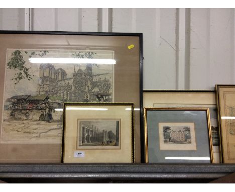 A quantity of various pictures and prints to include an etching by Wolf; a map of Oxfordshire etc.