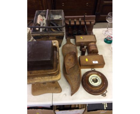 A wooden pipe rack with four pipes; various woodenware; a walnut cased barometer; a small stool; a metal bound trug etc.