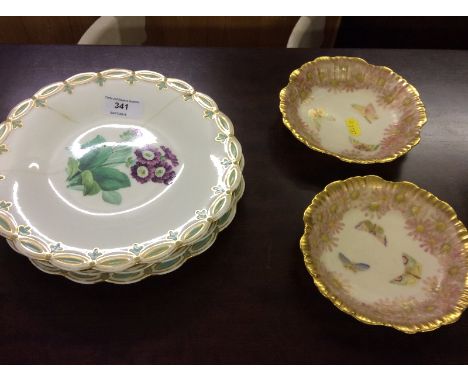 Two Royal Worcester dishes each decorated with butterflies; and three floral decorated plates 