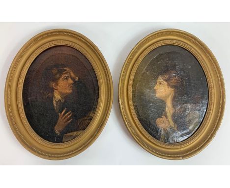 English school, 19th Century, portrait of a male and female, oil on canvas, 28cm x 21.5cm 