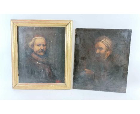 After Rembrandt, 19th century, self portrait, oil on canvas, 61cm x 50cm, along with a Continental school, 19th century, port
