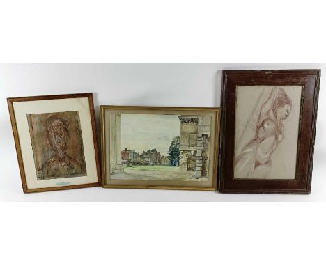 A coloured print after Giacometti - Head of the Artist`s Mother, with remains of Rowley Gallery, Kensington labels verso, 38 