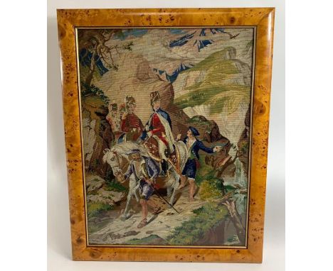 A 19th century needlepoint tapestry "Wellington in the Pyrenees", in a birds eye maple frame, 71cm x 52cm