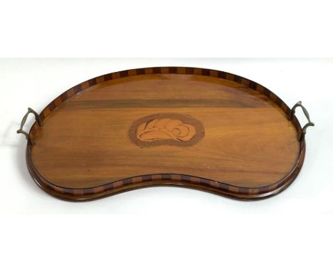 A Victorian mahogany serving tray with an inlaid shelf motif, 61cm long