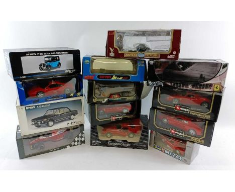 A collection of large model cars to include Burago Ferrari's, Bugatti and various others 