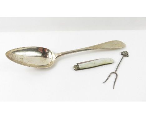 A Georgian silver serving spoon, Francis Howden, Edinburgh, 1795; a pen knife with patterned mother of pearl handle, silver b