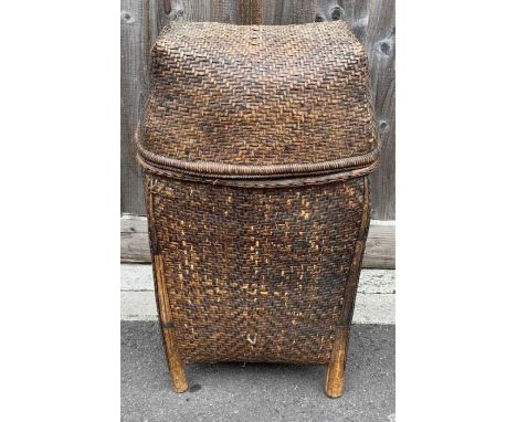 A vintage Vietnamese rattan rice harvest basket, 71cm high, 41cm wide, 26cm deep 