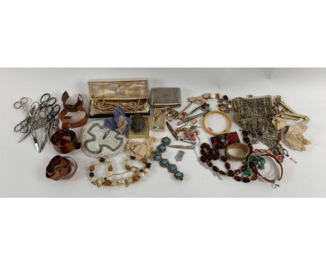 A 12ct back, front and sides "GNU" bar brooch; vintage costume bead necklaces, brooches and other items