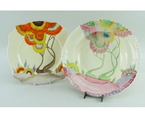 TWO CLARICE CLIFF RHODANTHE PATTERN DISHES, comprising a soup plate, 25cms diam. and a Leda shaped plate, 22.5cms diam, vario