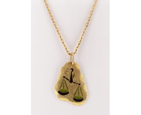 18CT YELLOW GOLD PENDANT depicting balancing scales on 18ct yellow gold rectangular link chain measuring 60cms, both stamped 