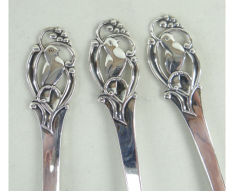 DANISH SILVER SERVING FLATWARE, Johannes Siggaard, handles with pierced bird and berry finials, comprising sauce ladle, fork 