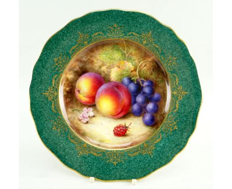 ROYAL WORCESTER PORCELAIN CABINET PLATE, 1930, painted by RICHARD SEBRIGHT with plums, grapes, raspberry and apple blossom, w