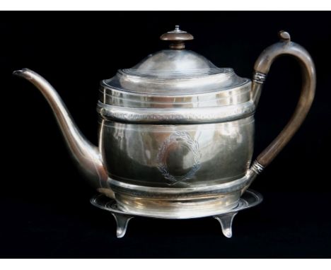 GEORGE III SILVER TEAPOT &amp; STAND, Thomas Robins, London 1802, oval with engraved borders and laurel wreath framing vacant