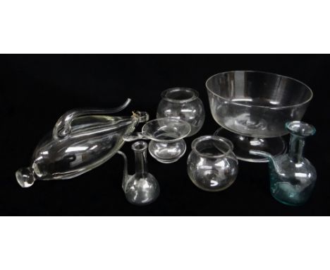 ASSORTED COLLECTIBLE PLAIN BLOWN GLASS, including a Swedish ship's flask barometer, 27cms h (base knob ground), two glass dro