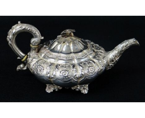 GEORGE IV SILVER MELON SHAPED TEAPOT, Rebecca Emes & Edward Barnard I, London 1827,of circular squat design, overall decorate