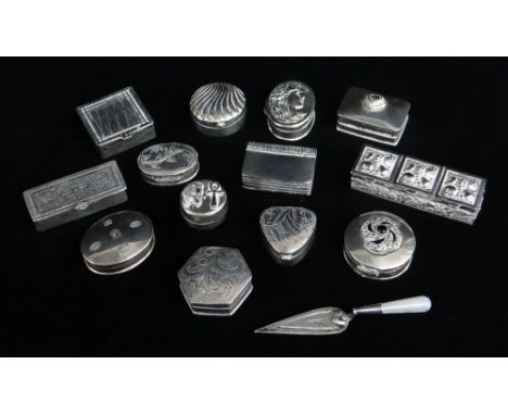 ASSORTED SILVER OR WHITE METAL BOXES, various designs and dates, most with hallmarks, and a mother of pearl handled trowel pa