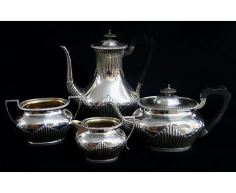 VICTORIAN  ELECTROPLATED FOUR-PIECE TEA &amp; COFFEE SET, Elkington &amp; Co, 1894/5, oval half fluted form with gadrooned ri