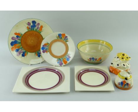 ASSORTED CLARICE CLIFF CROCUS PATTERN WARES & TWO BIARRITZ PLATES, comprising honey pot and cover (chipped/cracked), breakfas