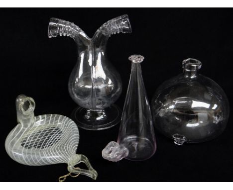 FOUR GLASS FLASKS, including Spanish bird feeder with white enamel lattice decoration, 20cms, another of conical form, 18cms,