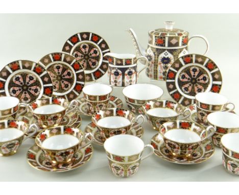 ROYAL CROWN DERBY IMARI TEAWARE, pattern No. 1128, comprising oval teapot and cover, cream jug, sugar bowl, six cups and sauc