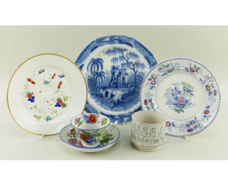 GROUP OF WELSH POTTERY &amp; PORCELAINS ETC including (1) Swansea porcelain circular plate, enamelled with flowers and insect