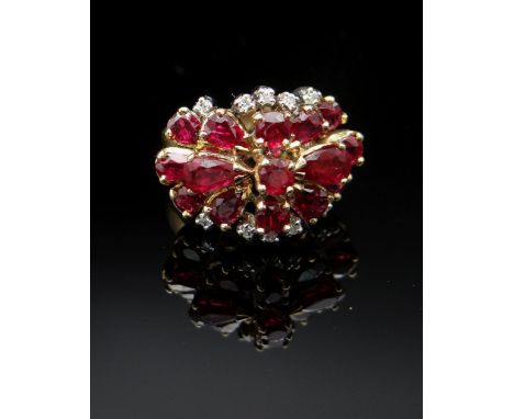 YELLOW GOLD RUBY & DIAMOND CLUSTER RING, of tiered design, ring size J / K, 6.4gms Provenance: deceased estate Powys, consign