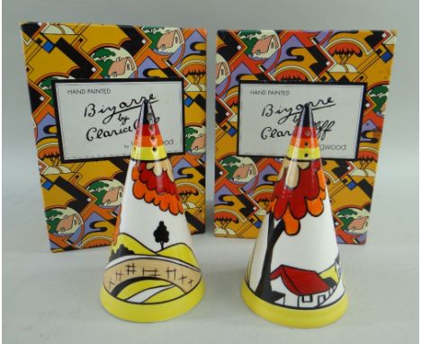 TWO WEDGWOOD CLARICE CLIFF 'HOUSE &amp; BRIDGE' CONICAL SUGAR CASTERS, limited edition (88/500 &amp; 99/500) with boxes and C