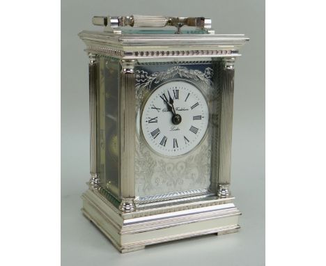 MODERN SILVER CASED CARRIAGE CLOCK, Charles Frodsham, with push repeat, signed enamel dial with foliate engraved front, five 