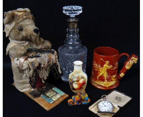 ASSORTED CERAMICS, GLASS, TOYS & POCKET WATCH, including modern silver mounted cut glass decanter, Royal Worcester 2491 fruit