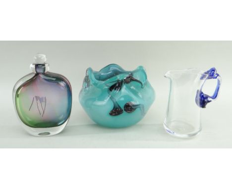 THREE STUDIO GLASS ITEMS, comprising PATRICK STARR cream jug with mottled bleu glass handle, 12cms g, MICK &amp; BOB LE BLEIS