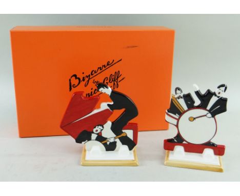 PAIR WEDGWOOD CLARICE CLIFF 'AGE OF JAZZ' MUSICIANS, shape 435 Man with a Drum, and 436 Man at the Piano, limited edition (21