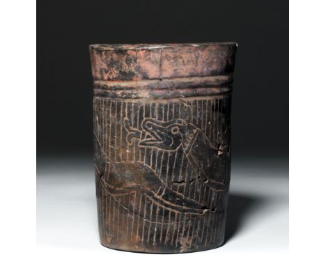 Pre-Columbian, Mayan Territories, probably Guatemala, ca. 550 to 900 CE.  Interesting pottery cylinder - perhaps used to drin