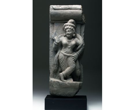 Gandhara, modern India to Pakistan, ca. 2nd to 3rd century CE.  Beautiful and sensitive carving in gray schist of a standing 
