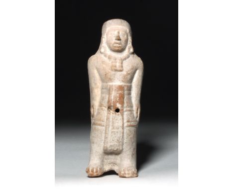 Pre-Columbian, Mexico, Jaina Island, ca. 500 to 700 CE. A fine mold-made terracotta rattle in the form of a proud lord with b