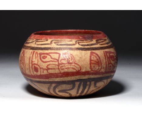 Pre-Columbian, Mayan Territories, El Salvador, ca 550 to 900 CE.  Attractive pottery olla of rounded form, painted in 3 regis