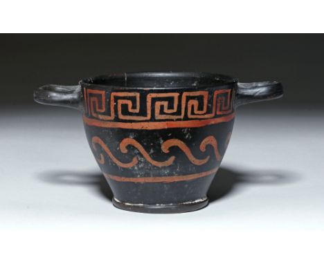 Magna Graecia, southern Italy, Apulia, ca. 340 to 325 BCE. Greek pottery wine cup, called a skyphos, decorated in the Xenon s
