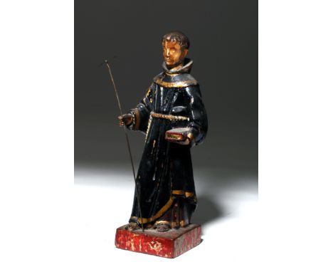 South America, Brazil, ca. 18th century CE. A finely carved and painted wooden figurine depicting Saint Anthony of Padua, als