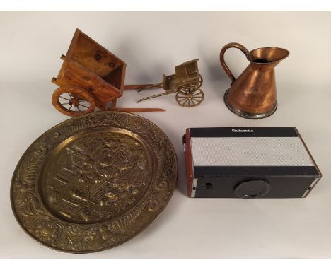 A box of mixed metal wares etc including a vintage Roberts radio, horse and cart plus ephemera