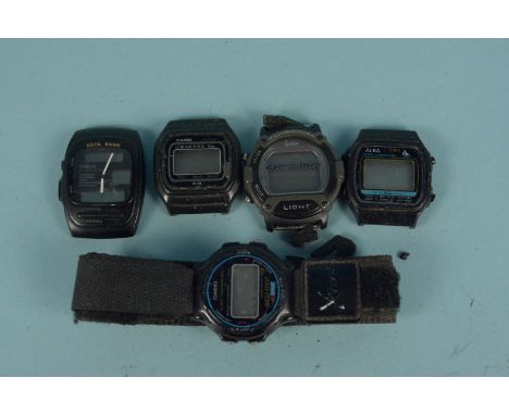 Four vintage Casio quartz wristwatches plus an 'Alba' example
